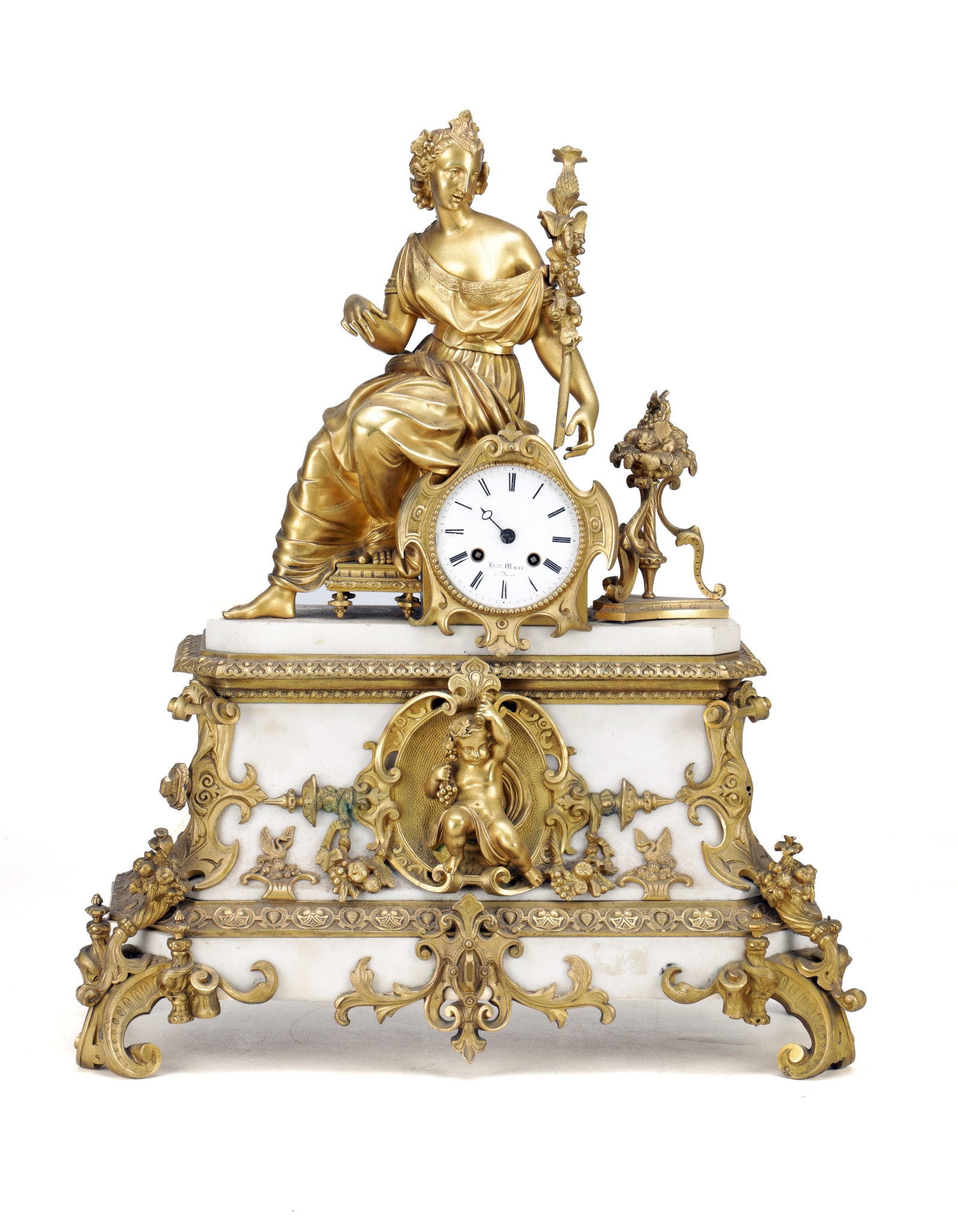 A LARGE 19TH CENTURY FRENCH WHITE MARBLE AND ORMOLU MOUNTED FIGURAL MANTEL CLOCK: A LARGE 19TH CENTURY FRENCH WHITE MARBLE AND ORMOLU MOUNTED FIGURAL MANTEL CLOCK with a seated classical maiden and companion urn above a circular white enamel Roman dial within a rococo bezel, the ei