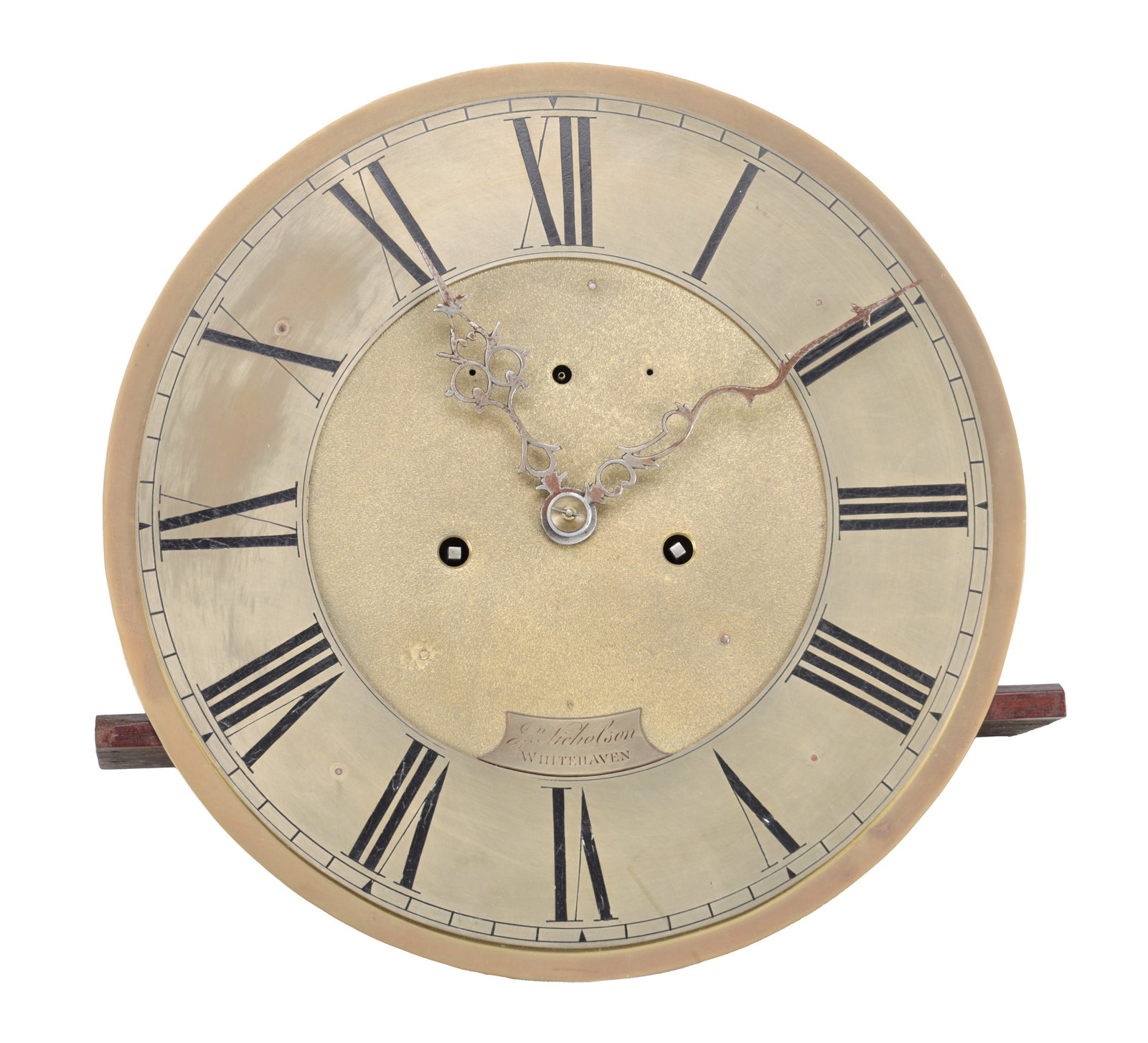 NICHOLSON, WHITEHAVEN. AN 18TH CENTURY 12-INCH ROUND EIGHT-DAY LONGCASE CLOCK MOVEMENT: NICHOLSON, WHITEHAVEN. AN 18TH CENTURY 12-INCH ROUND EIGHT-DAY LONGCASE CLOCK MOVEMENT the silvered dial with Roman chapter ring and matted centre, pierced hands and twin winding apertures, signed Nic