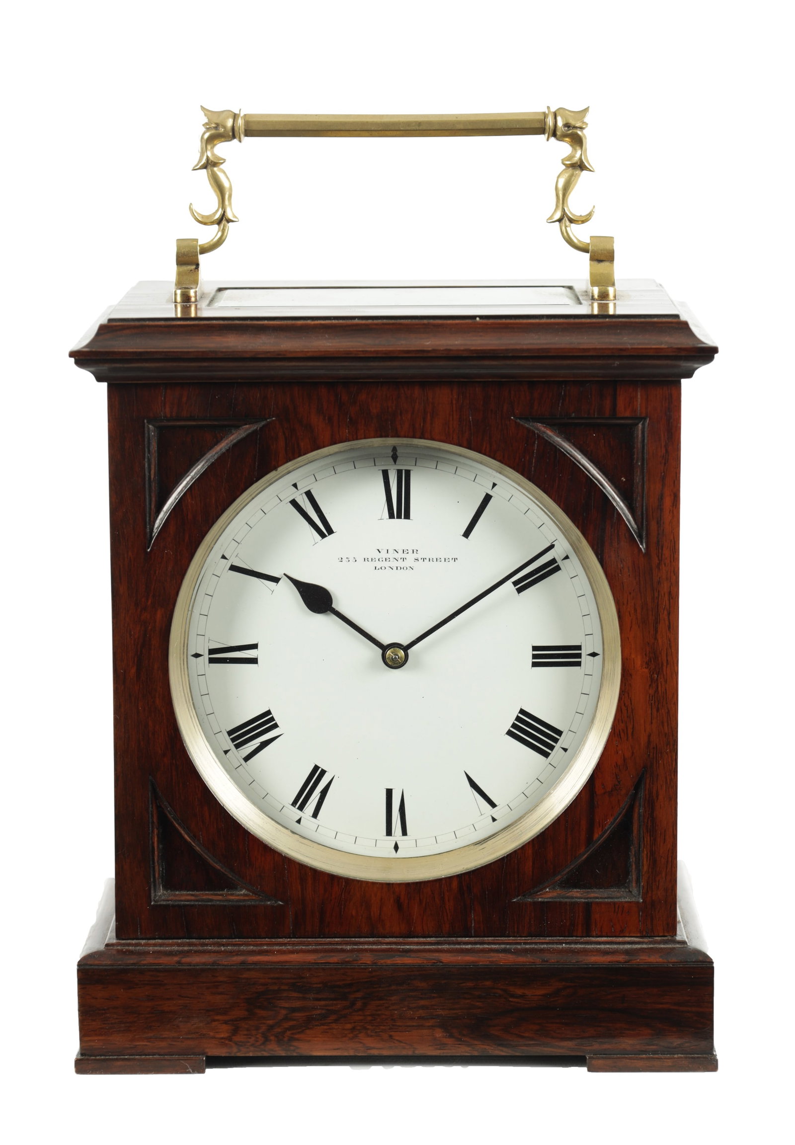 VINER, 235 REGENT STREET, LONDON. A SMALL 19TH CENTURY ROSEWOOD DOUBLE FUSEE LIBRARY CLOCK: VINER, 235 REGENT STREET, LONDON. A SMALL 19TH CENTURY ROSEWOOD DOUBLE FUSEE LIBRARY CLOCK the glazed rectangular case with brass hinged handle and panelled door enclosing a 4.5in enamel dial with Rom