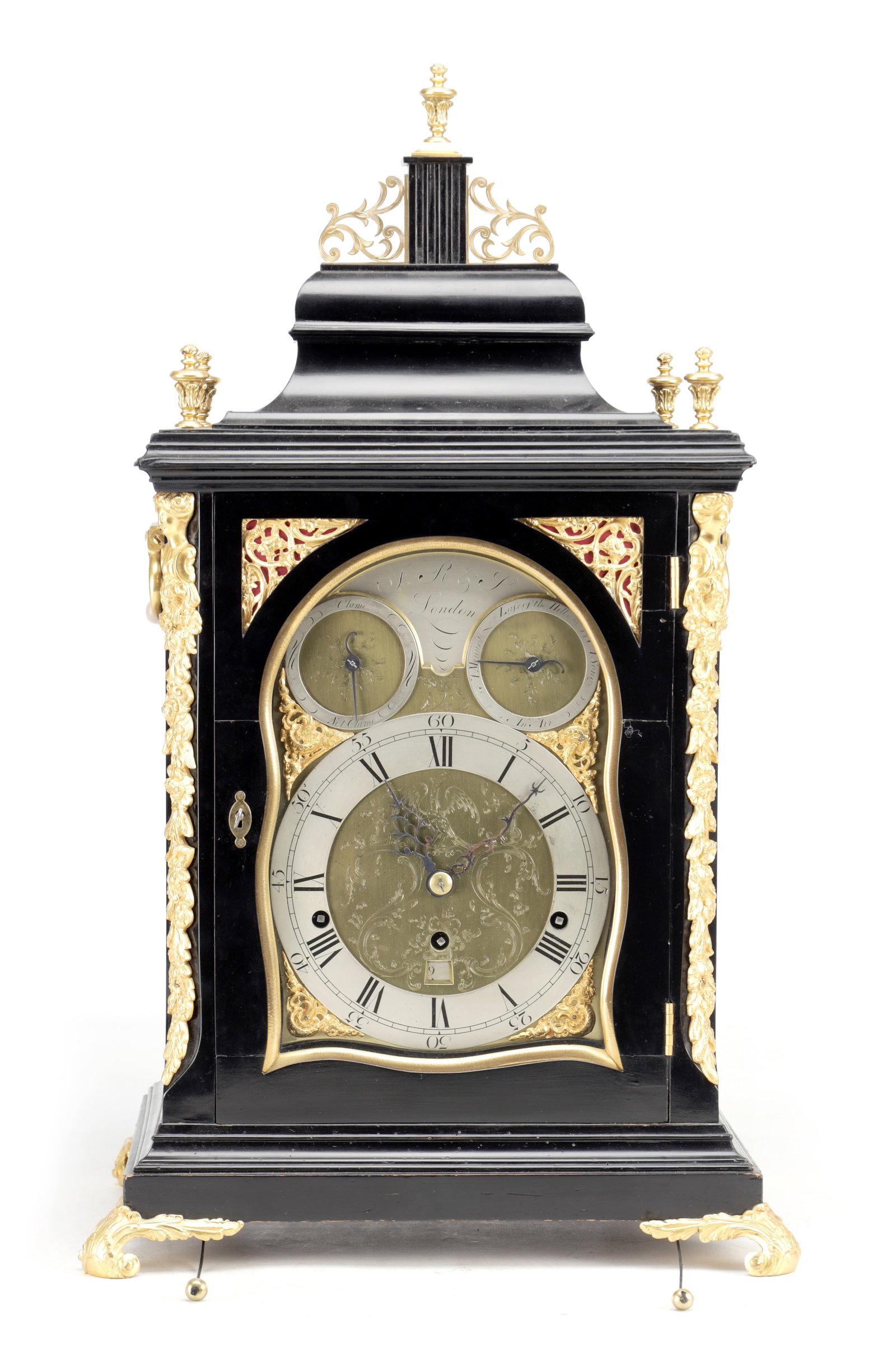 A GEORGE III EBONISED AND ORMOLU MOUNTED MUSICAL VERGE BRACKET CLOCK (1 of 10)