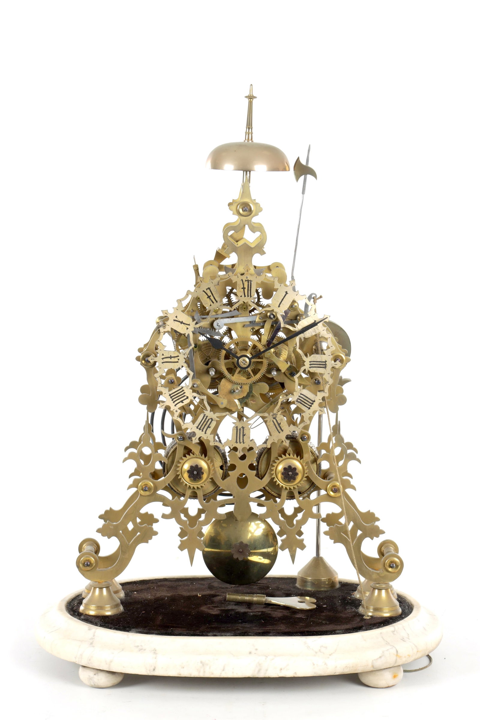 A GOOD 19TH CENTURY DOUBLE FUSEE SKELETON CLOCK BY EVANS: A GOOD 19TH CENTURY DOUBLE FUSEE SKELETON CLOCK BY EVANS with scrollwork frame joined by seven turned pillars having six-spoke wheel work and chain-driven barrels, the silvered Roman cutout chapter ri