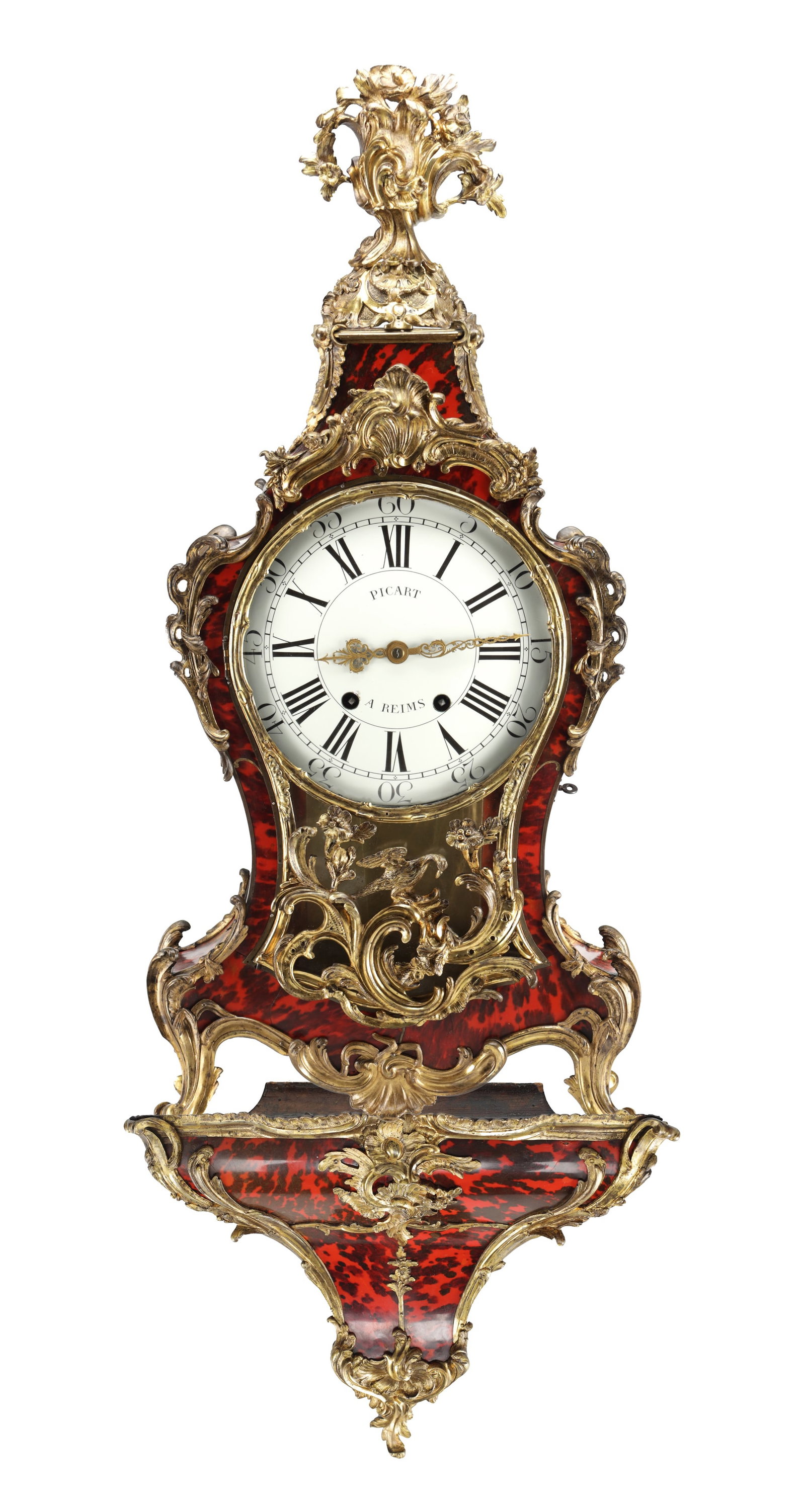 AN 18TH CENTURY FRENCH TORTOISESHELL AND ORMOLU MOUNTED BALLOON SHAPED WALL CLOCK ON BRACKET: AN 18TH CENTURY FRENCH TORTOISESHELL AND ORMOLU MOUNTED BALLOON SHAPED WALL CLOCK ON BRACKET with red tortoiseshell veneer and rococo gilt bronze mounts, the white enamel dial with Roman numerals sign