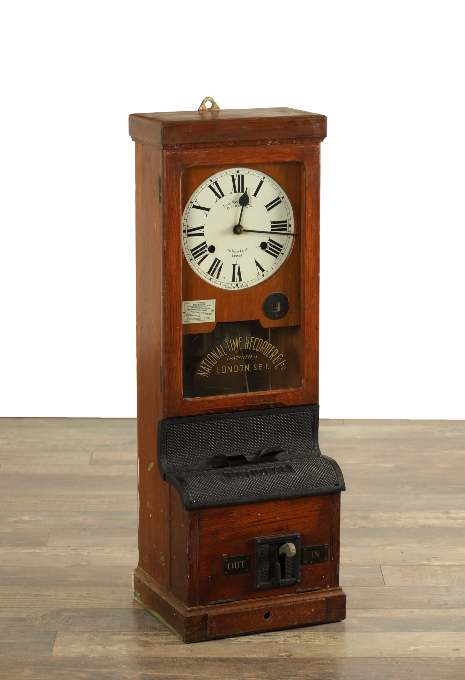 NATIONAL TIME RECORDER CO. LTD. A LATE 19TH CENTURY OAK CASED CLOCKING IN MACHINE: NATIONAL TIME RECORDER CO. LTD. A LATE 19TH CENTURY OAK CASED CLOCKING IN MACHINE with eight-day spring driven movement and card reader to base (34cm wide 30cm deep 98cm high)