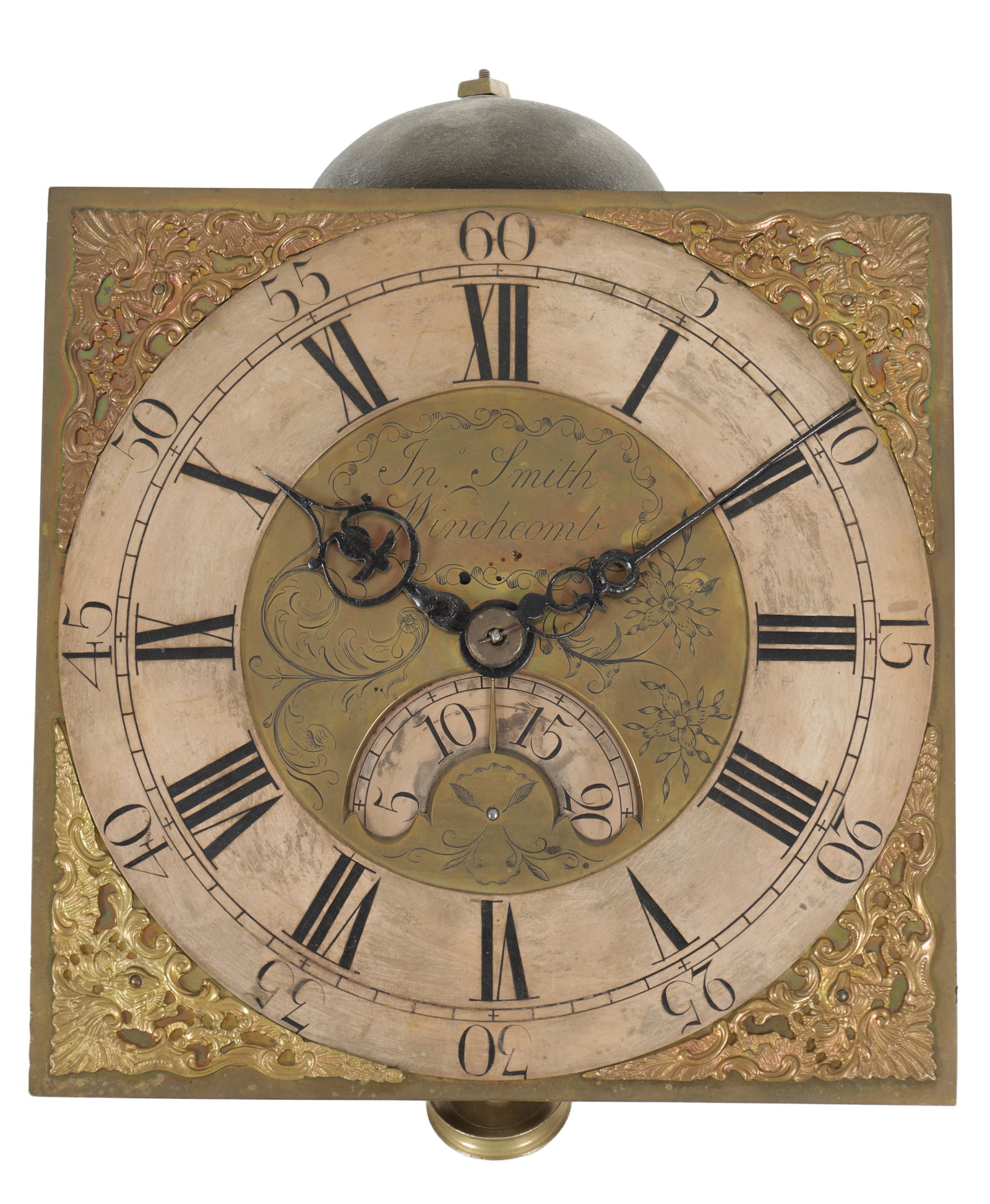 JOHN SMITH, WINCHCOMB. AN 18TH CENTURY ENGLISH BRASS LONGCASE CLOCK MOVEMENT: JOHN SMITH, WINCHCOMB. AN 18TH CENTURY ENGLISH BRASS LONGCASE CLOCK MOVEMENT with a 10-inch square brass dial with silvered chapter ring enclosing a matted centre signed John Smith Winchcomb, with sub