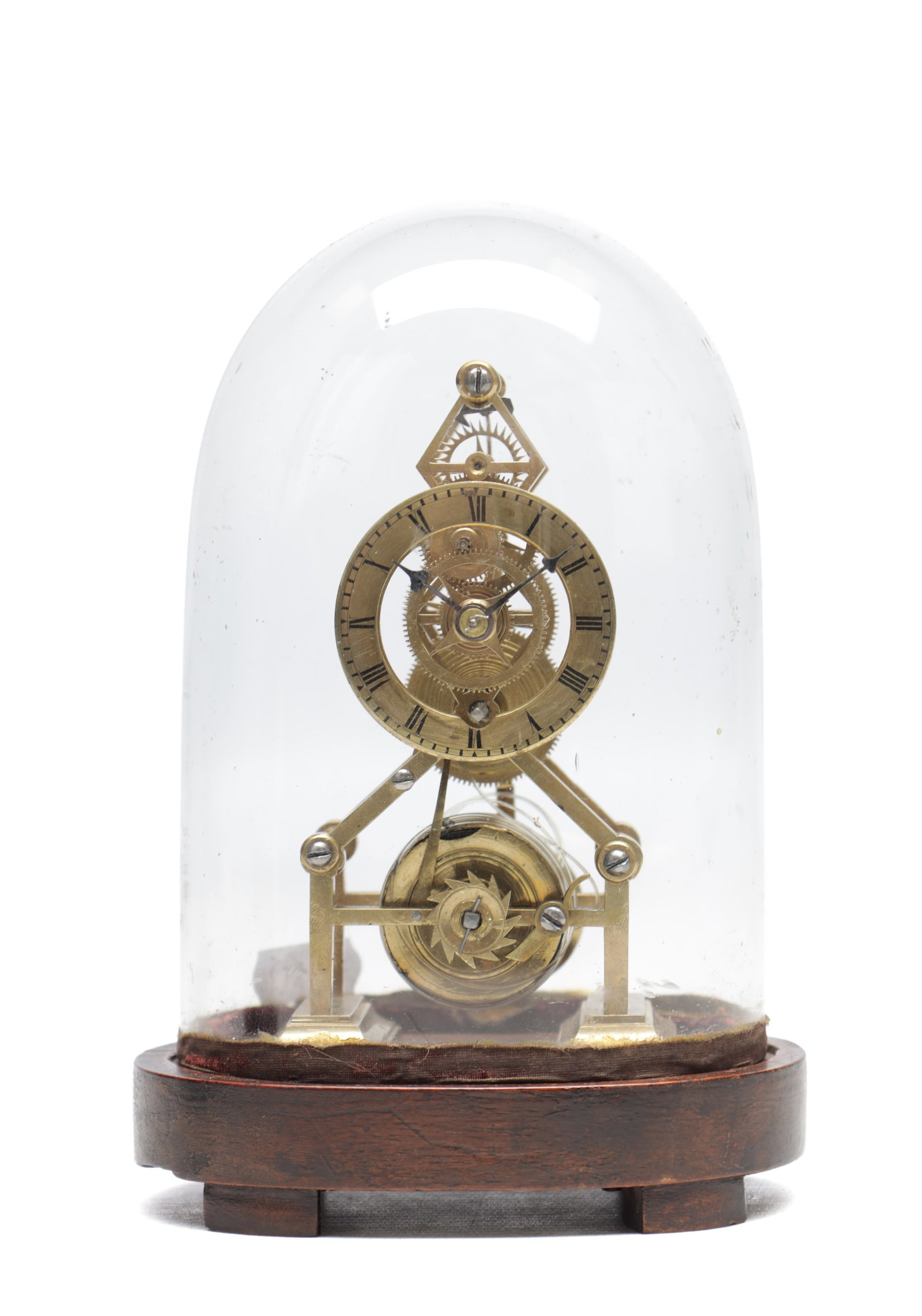 A LATE 19TH CENTURY MINIATURE BRASS FRAMED SKELETON CLOCK UNDER DOME: A LATE 19TH CENTURY MINIATURE BRASS FRAMED SKELETON CLOCK UNDER DOME the screwed plain three-pillar eight-day fusee movement with anchor escapement between tapered angular plates; on an oval mahogany