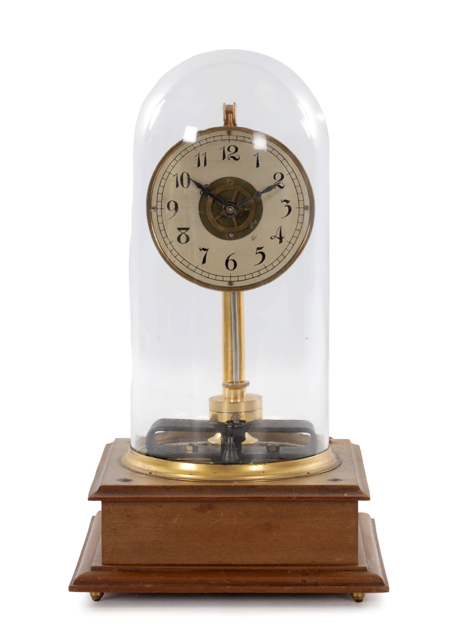 A FRANK HOLDEN ELECTRIC MANTEL CLOCK UNDER GLASS DOME ON WOOD BASE: A FRANK HOLDEN ELECTRIC MANTEL CLOCK UNDER GLASS DOME ON WOOD BASE with a circular silvered dial bearing Arabic numerals and blued hands over a visible centre mechanism, the movement carried on a gilt