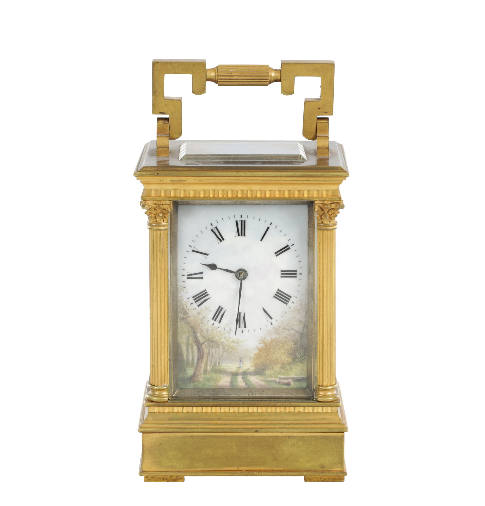 A LATE 19TH CENTURY FRENCH PORCELAIN PANELLED STRIKING CARRIAGE CLOCK: A LATE 19TH CENTURY FRENCH PORCELAIN PANELLED STRIKING CARRIAGE CLOCK the gilt brass case with fluted corner columns and an angular carrying handle above a bevelled glass top panel, the enamel dial wi