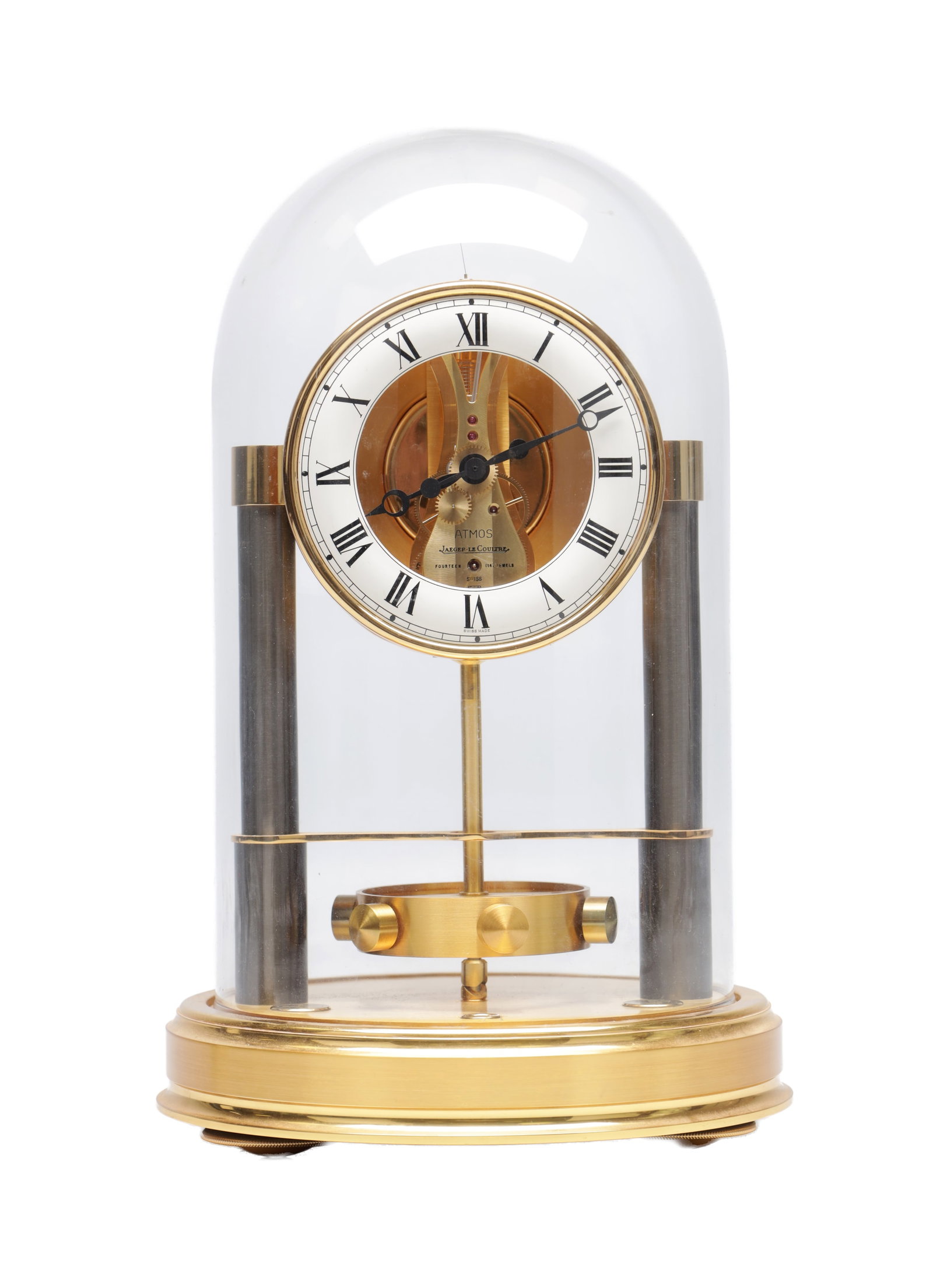 A CIRCA 1983 JAEGER-LECOULTRE GILT BRASS "150TH ANNIVERSARY EDITION" ATMOS CLOCK UNDER GLASS DOME: A CIRCA 1983 JAEGER-LECOULTRE GILT BRASS "150TH ANNIVERSARY EDITION" ATMOS CLOCK UNDER GLASS DOME limited edition of 3000 with jewelled Swiss calibre 540 movement perpetually wound by changes in air p