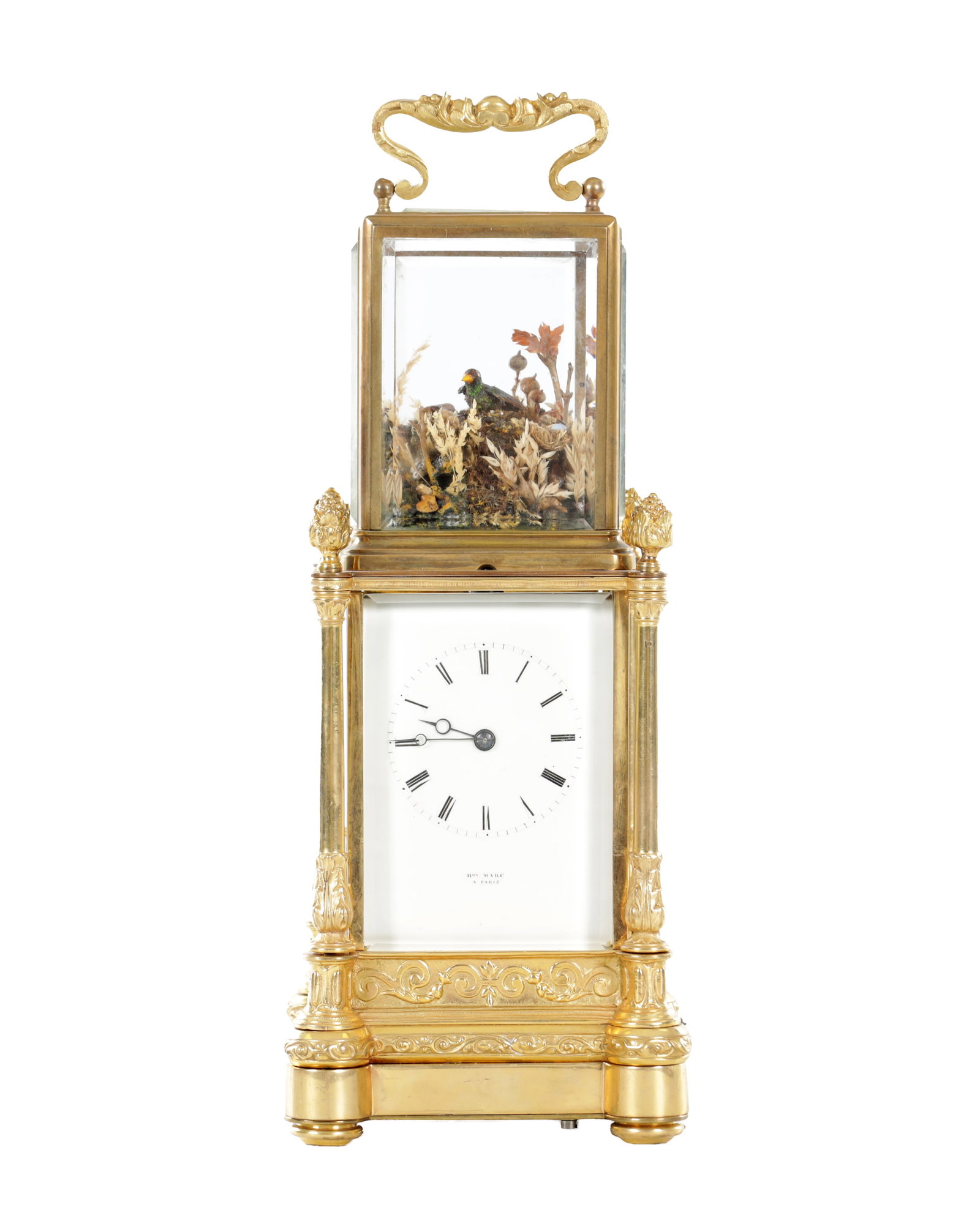 JAPY FRERES & CIE. A RARE 19TH CENTURY FRENCH GILT BRASS AUTOMATION SINGING BIRD CARRIAGE CLOCK: JAPY FRERES & CIE. A RARE 19TH CENTURY FRENCH GILT BRASS AUTOMATION SINGING BIRD CARRIAGE CLOCK of architectural form with turned acanthus leaf pillars and cast scroll handle, the one-piece glazed upp