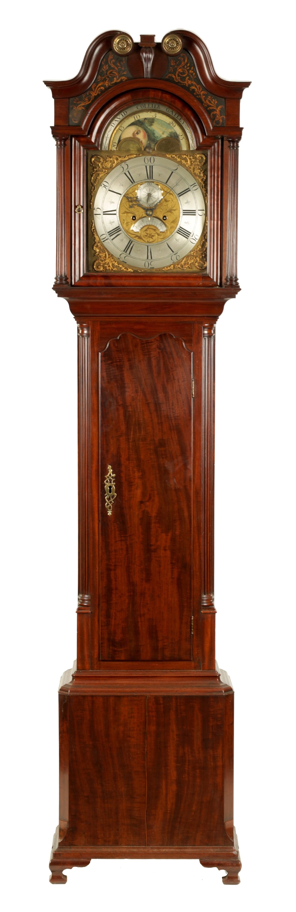 DAVID COLLIER, GATLEY AN EARLY GEORGE III MAHOGANY EIGHT-DAY MOON DIAL LONGCASE CLOCK: DAVID COLLIER, GATLEY AN EARLY GEORGE III MAHOGANY EIGHT-DAY MOON DIAL LONGCASE CLOCK the 13" brass arched dial with engraved name strip and revolving moon disc, above cast Rococo spandrels and a silv