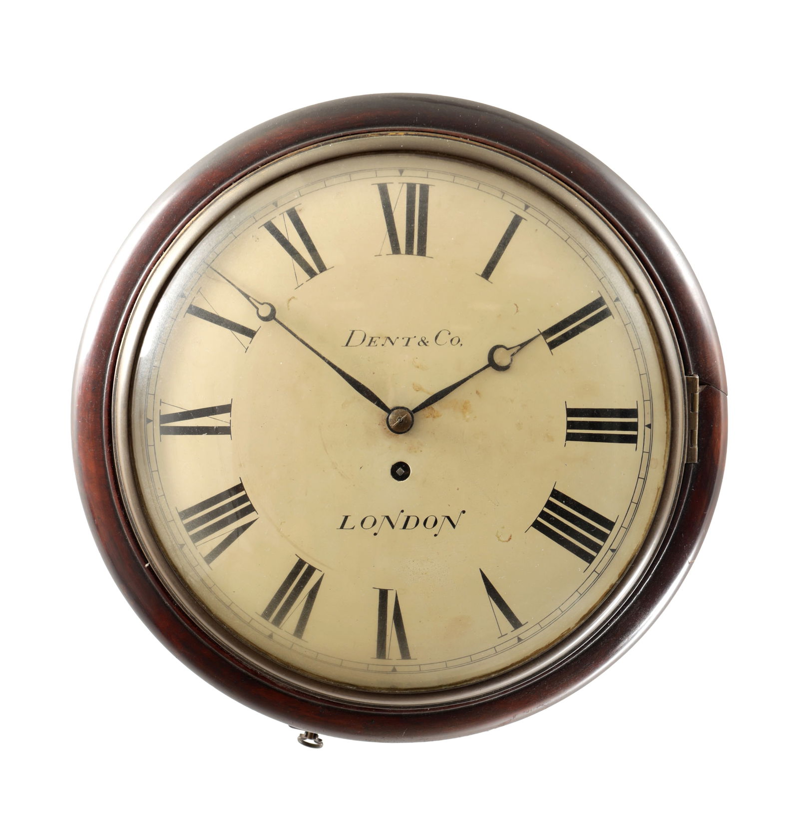 DENT & CO, LONDON AN EARLY 19TH CENTURY 12 INCH MAHOGANY EIGHT DAY FUSEE WALL CLOCK: DENT & CO, LONDON AN EARLY 19TH CENTURY 12 INCH MAHOGANY EIGHT DAY FUSEE WALL CLOCK the painted convex dial with Roman numerals and signed centre, fronting an eight-day fusee movement with shaped plat