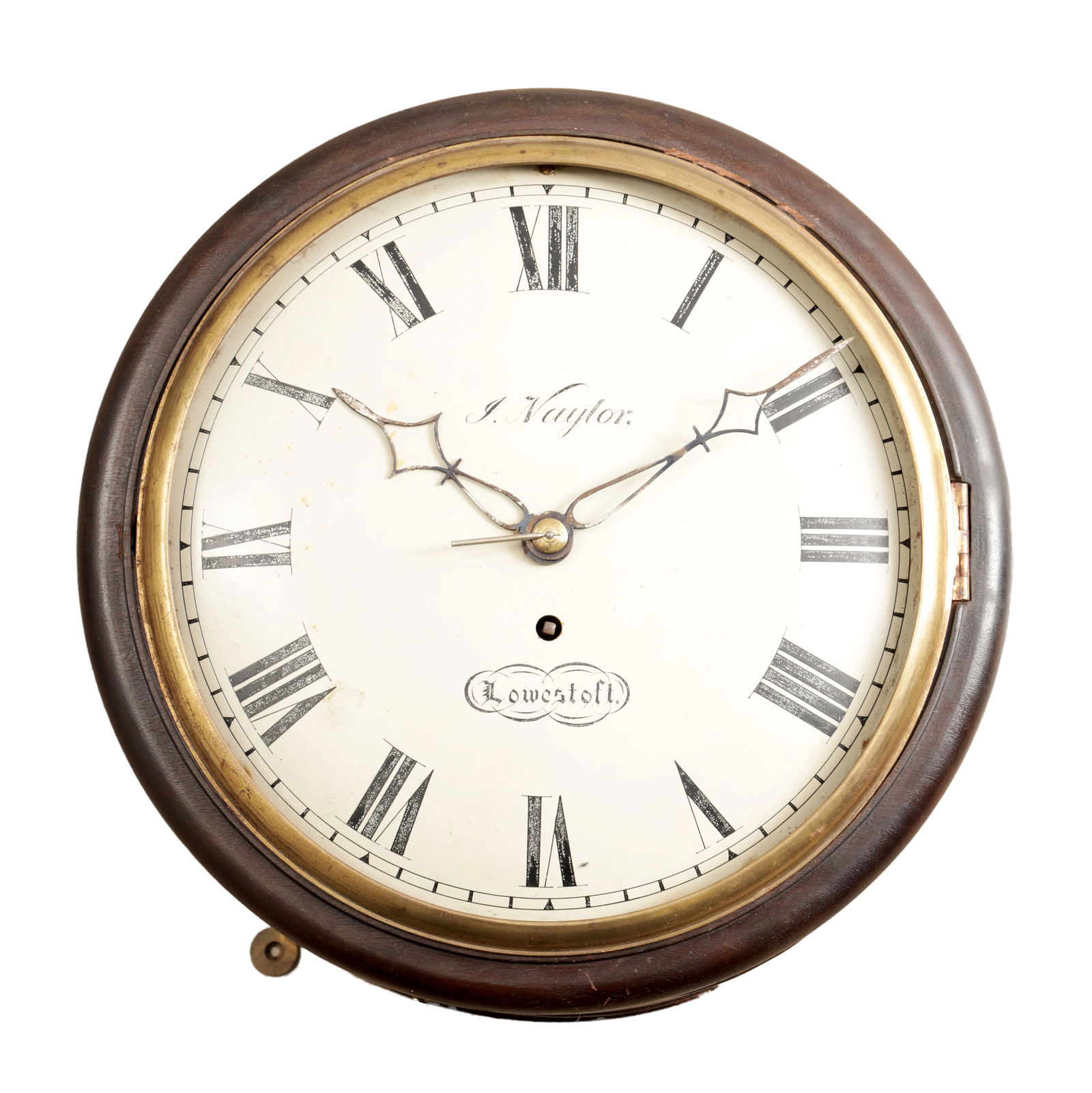 A VICTORIAN ENGLISH MAHOGANY DIAL WALL CLOCK: A VICTORIAN ENGLISH MAHOGANY DIAL WALL CLOCK of circular form with a brass bezel and painted Roman numeral dial signed J. Naylor, Lowestoft, with blued steel spade hands. (31cm diameter)
