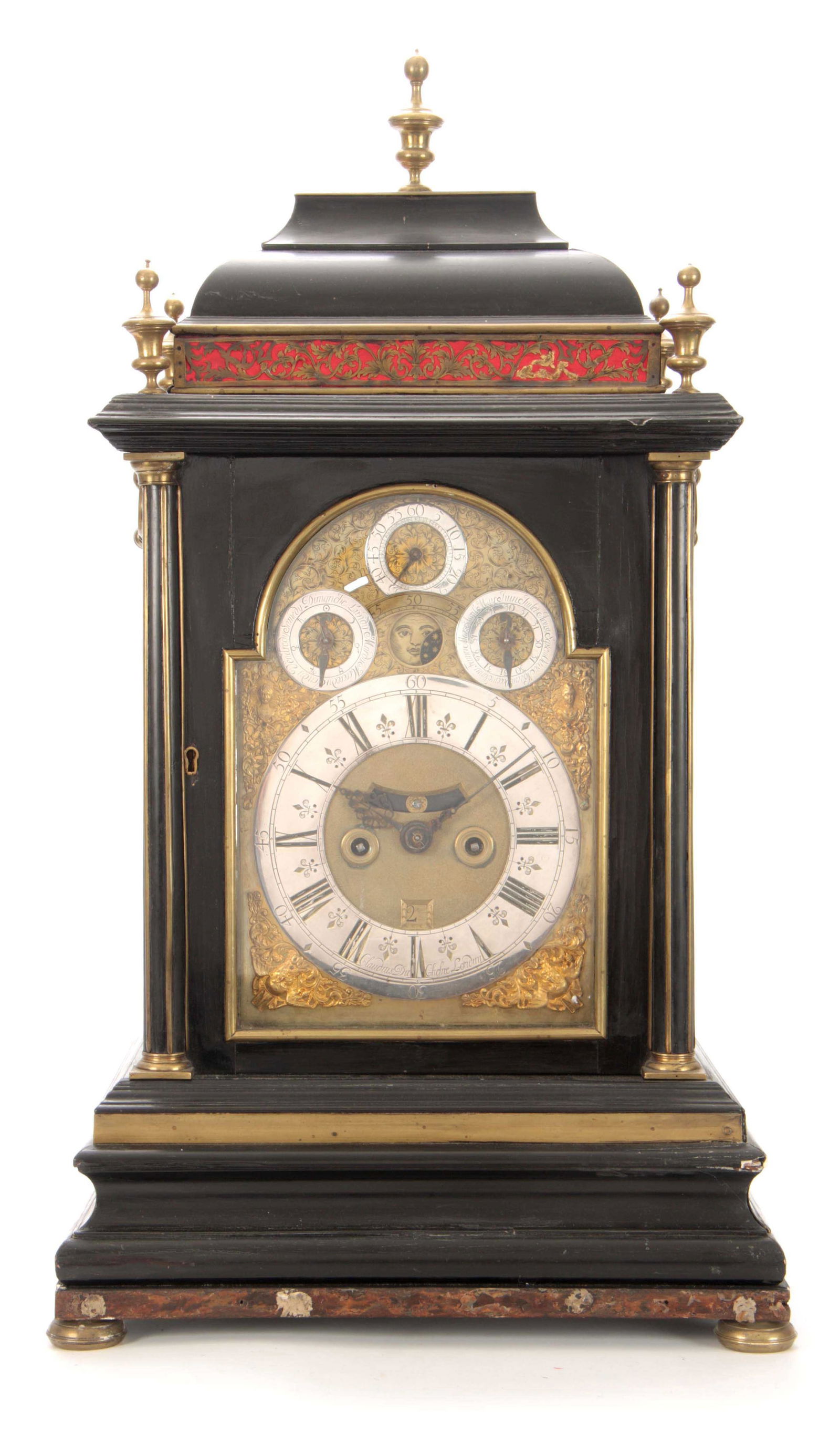 CLAUDIUS DU CHESNE, LONDON, A FINE EARLY 18TH CENTURY EBONISED MOONPHASE BRACKET CLOCK (1 of 9)