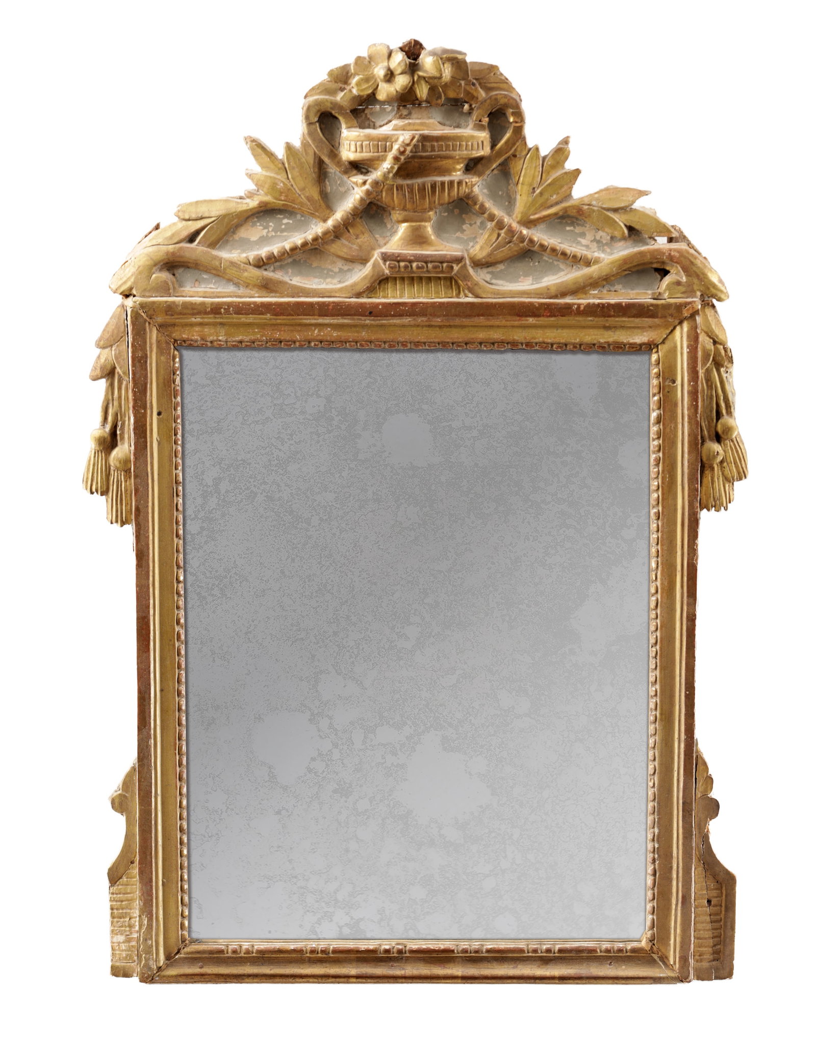 AN 18TH CENTURY FRENCH CARVED GILTWOOD HANGING MIRROR: AN 18TH CENTURY FRENCH CARVED GILTWOOD HANGING MIRROR with a classical urn and laurel cresting entwined with ribbon swags, pendant tassels to the sides, the rectangular plate within a moulded and bead