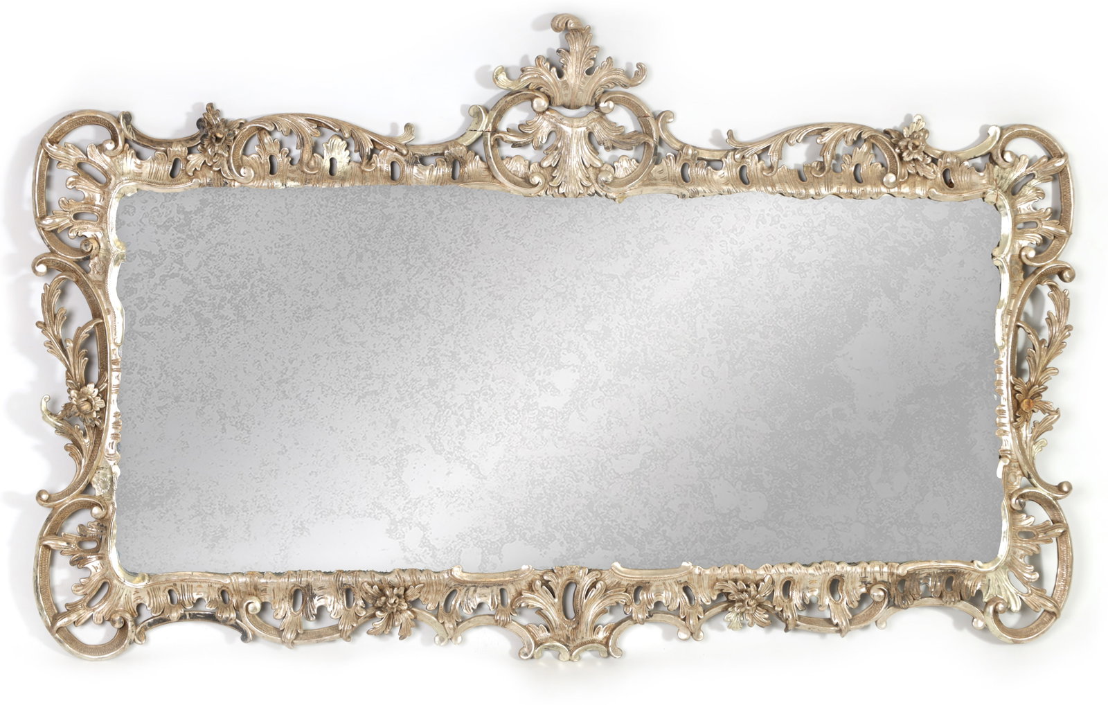 AN 18TH CENTURY CARVED PINE CHIPPENDALE STYLE OVERMANTEL MIRROR OF LARGE SIZE: AN 18TH CENTURY CARVED PINE CHIPPENDALE STYLE OVERMANTEL MIRROR OF LARGE SIZE with leaf carved pine chippendale-style overmantel mirror of large size with leaf-carved and flower-head decorated rococo-