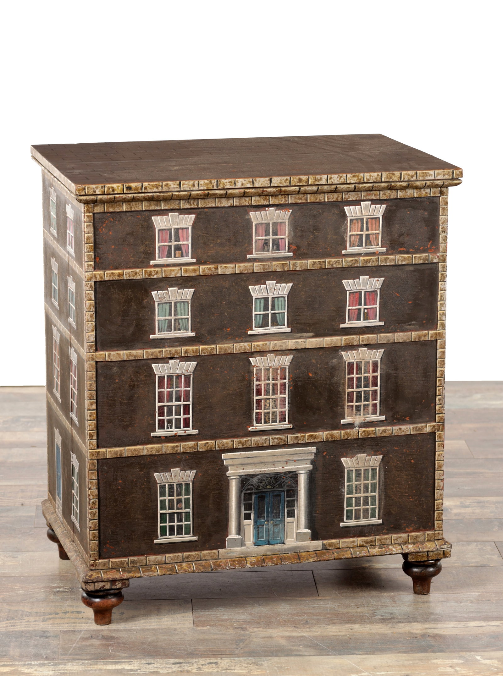 A 19TH CENTURY AND LATER PAINTED WOOD LIDDED BOX DECORATED AS A COUNTRY HOUSE: A 19TH CENTURY AND LATER PAINTED WOOD LIDDED BOX DECORATED AS A COUNTRY HOUSE with hinged top painted as a roof, the facades with trompe l'oeil sash windows, ashlar bands and a central doorcase, raise