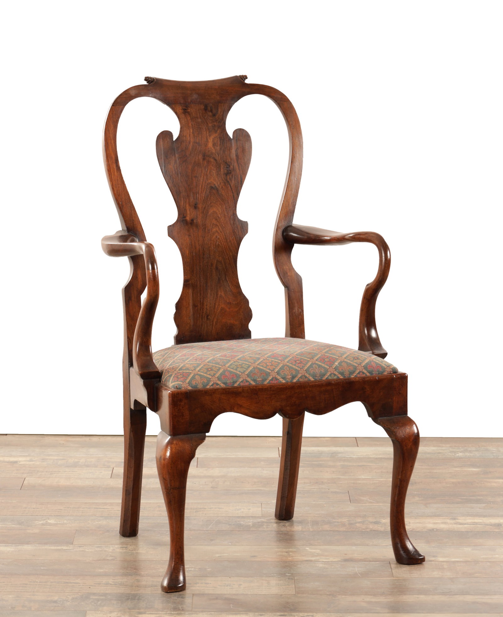 AN 18TH CENTURY STYLE FIGURED WALNUT SHEPHERD'S CROOK OPEN ARMCHAIR: AN 18TH CENTURY STYLE FIGURED WALNUT SHEPHERD'S CROOK OPEN ARMCHAIR with a shaped solid back splat, shepherd's crook open arms and drop in seat, the shaped front rail raised on cabriole legs with pad