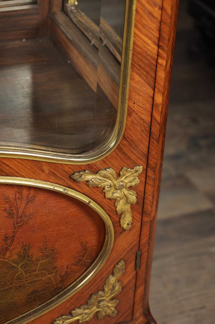 A 19TH CENTURY FRENCH ORMOLU MOUNTED KINGWOOD VITRINE WITH VERNIS MARTIN PANEL - 5