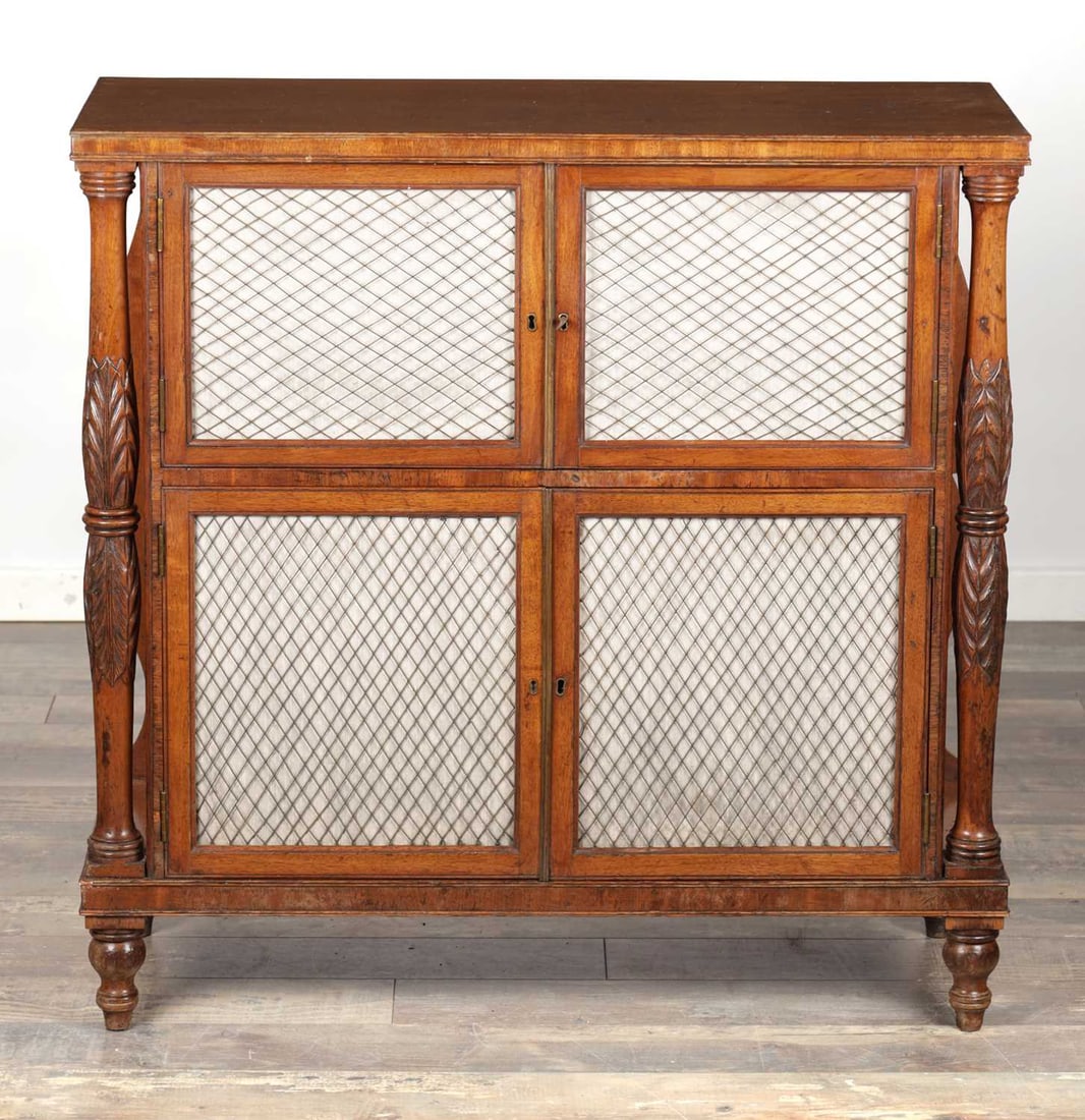A REGENCY MAHOGANY SIDE CABINET WITH TRELLIS GRILLE DOORS - 2