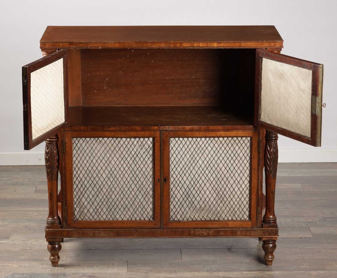 A REGENCY MAHOGANY SIDE CABINET WITH TRELLIS GRILLE DOORS - 3