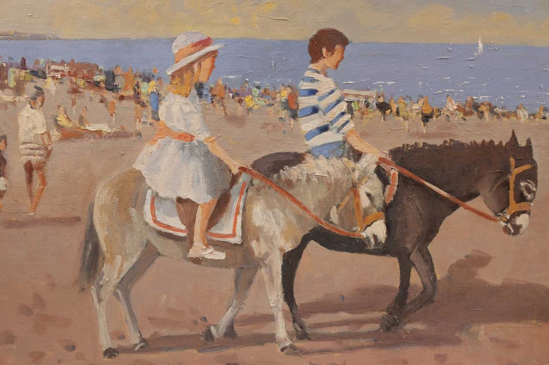WILLIAM NORMAN GAUNT BRITISH 1918-2001 A 20TH CENTURY OIL ON CANVAS BEACH SCENE WITH CHILDREN ON DON - 2