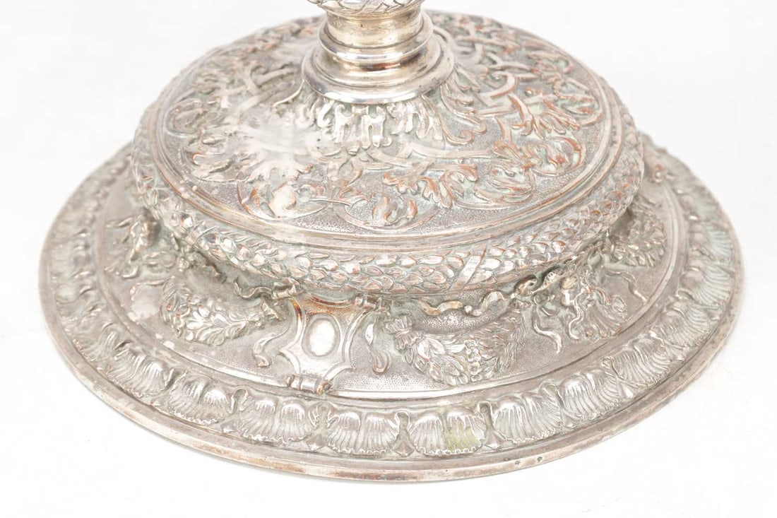 A LARGE 18TH CENTURY SILVER PLATED REPOUSSE CANDLESTICK - 2