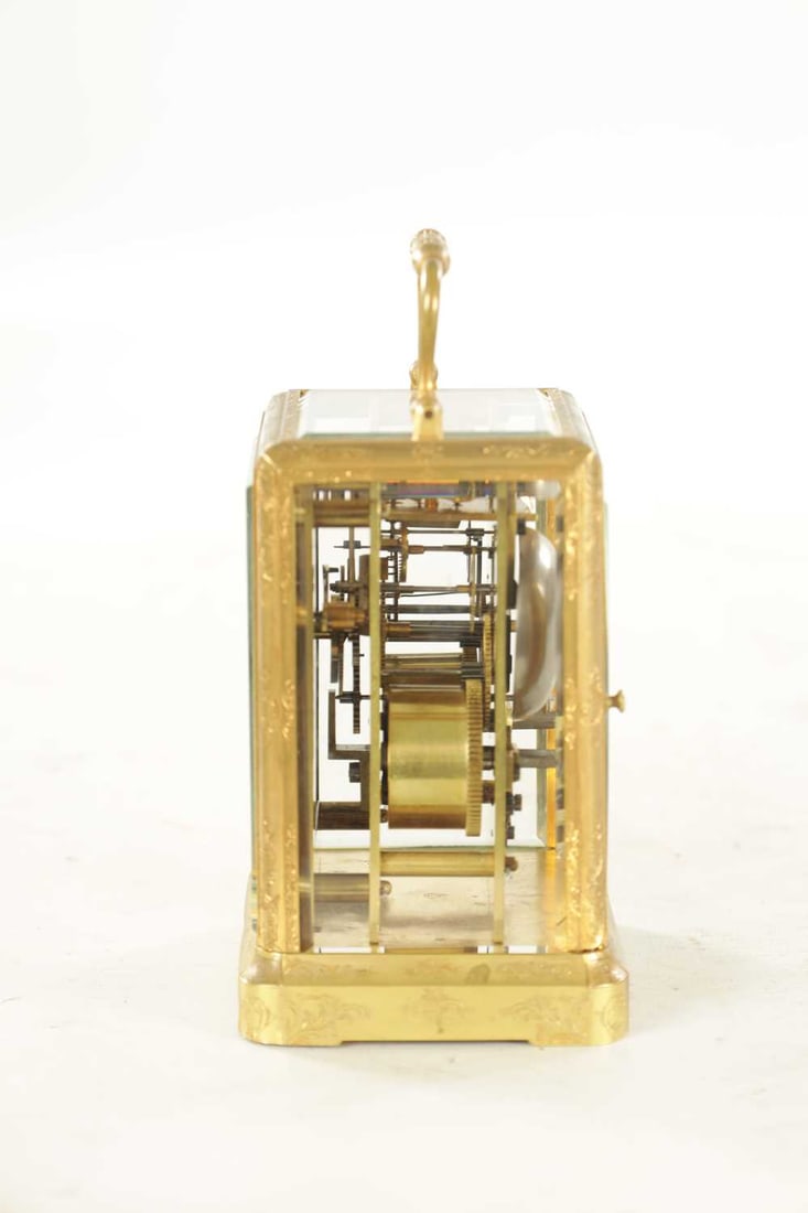A MID 19TH CENTURY FRENCH ENGRAVED BRASS STRIKING CARRIAGE CLOCK SIGNED MARCHAND PARIS - 4