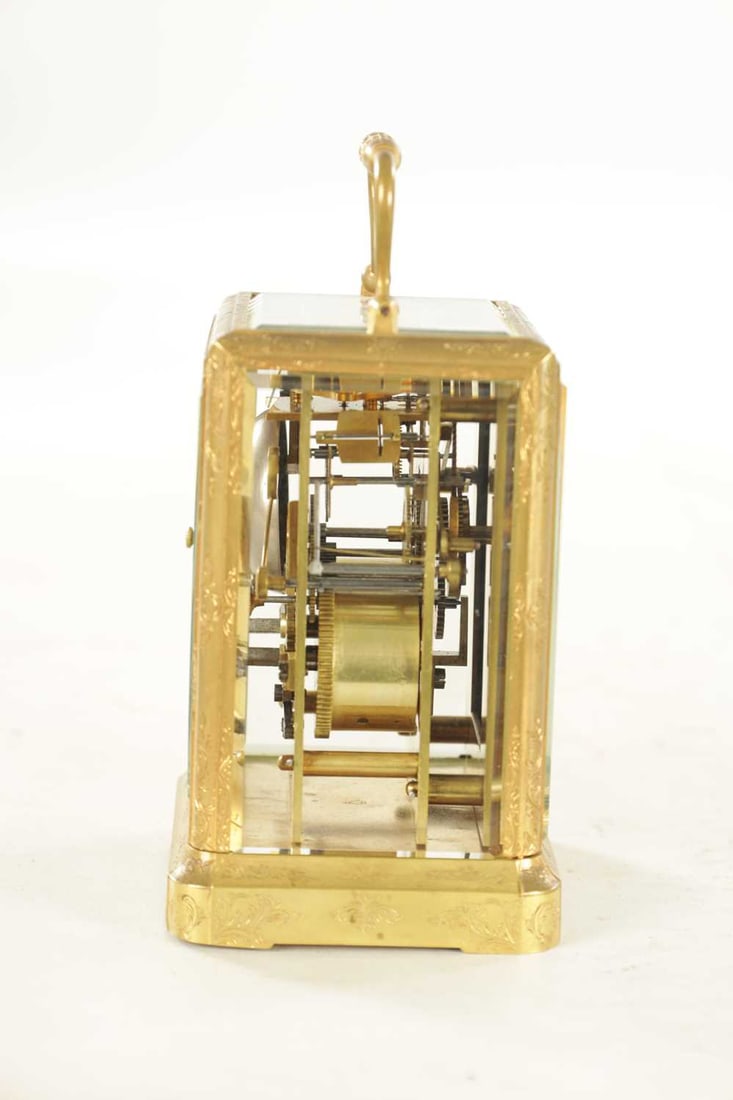 A MID 19TH CENTURY FRENCH ENGRAVED BRASS STRIKING CARRIAGE CLOCK SIGNED MARCHAND PARIS - 5