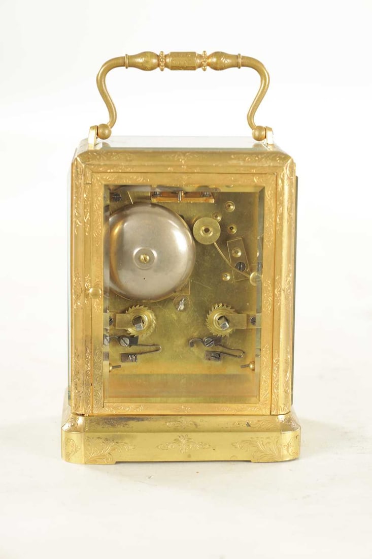 A MID 19TH CENTURY FRENCH ENGRAVED BRASS STRIKING CARRIAGE CLOCK SIGNED MARCHAND PARIS - 6