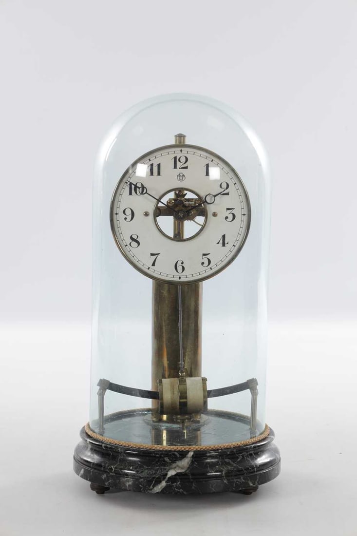 AN EARLY 20TH CENTURY FRENCH BULLE ELECTRIC MANTEL CLOCK UNDER GLASS DOME ON VERDE ANTICO MARBLE BAS - 2
