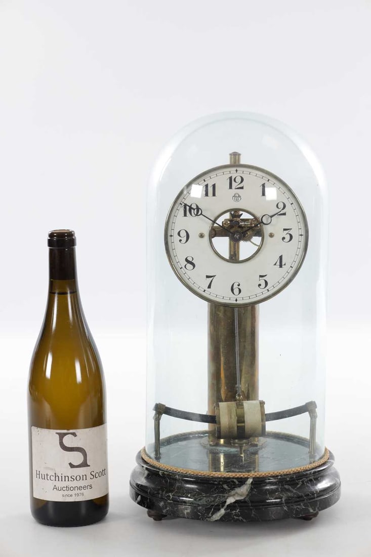 AN EARLY 20TH CENTURY FRENCH BULLE ELECTRIC MANTEL CLOCK UNDER GLASS DOME ON VERDE ANTICO MARBLE BAS - 3