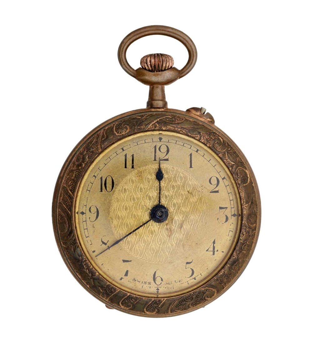 AN ART NOUVEAU BRASS WATCH HOLDER AND POCKET WATCH - 5