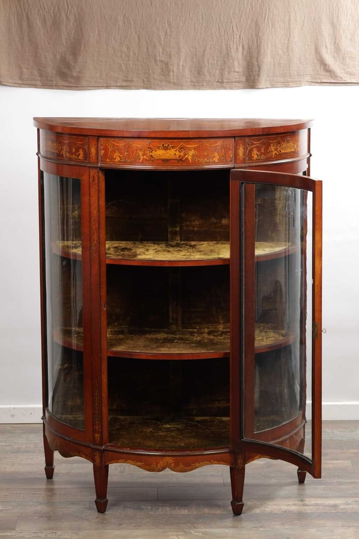 A 19TH CENTURY MAHOGANY AND MARQUETRY INLAID DEMI LUNE DISPLAY CABINET - 7
