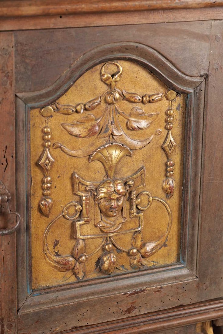 A 17TH CENTURY ITALIAN WALNUT AND PARCEL-GILT SIDE CABINET ON STAND - 3
