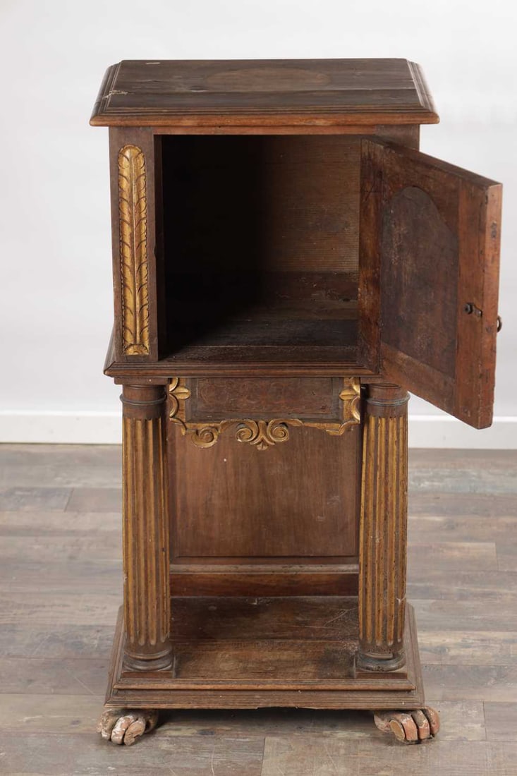 A 17TH CENTURY ITALIAN WALNUT AND PARCEL-GILT SIDE CABINET ON STAND - 5