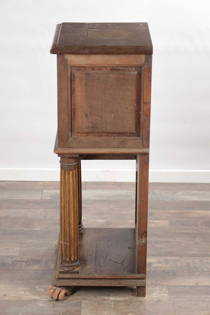 A 17TH CENTURY ITALIAN WALNUT AND PARCEL-GILT SIDE CABINET ON STAND - 6