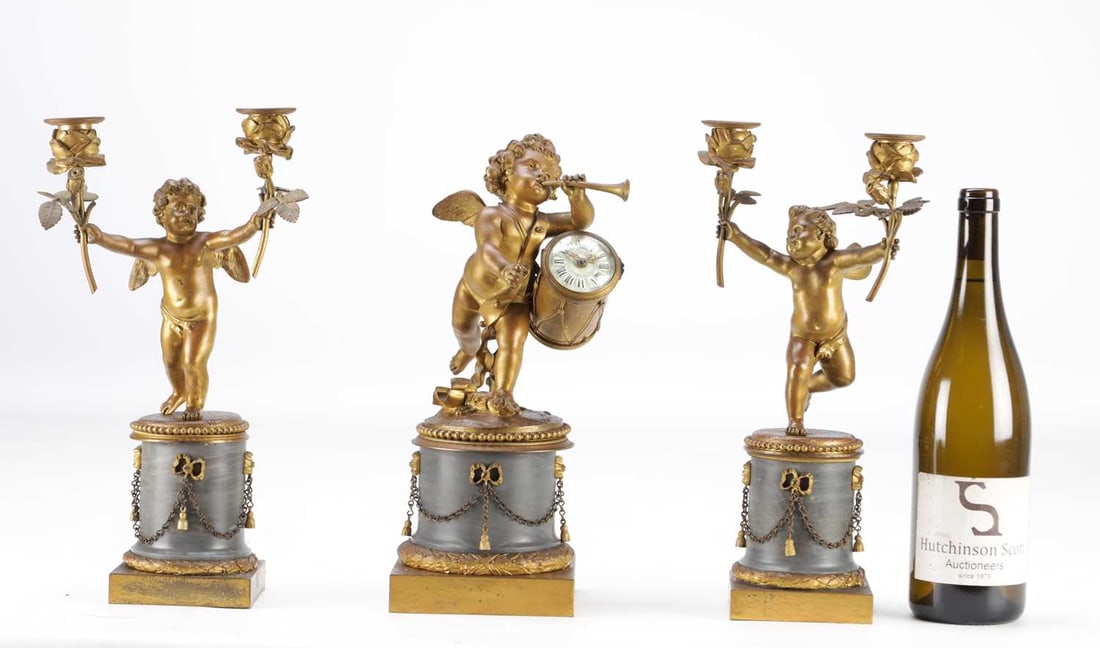 A THREE PIECE LATE 19TH CENTURY FRENCH GILT AND PATINATED BRONZE CLOCK GARNITURE - 2