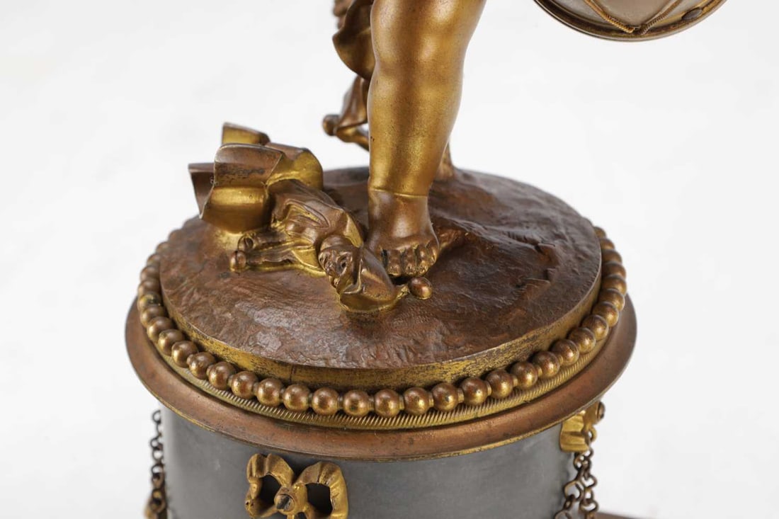 A THREE PIECE LATE 19TH CENTURY FRENCH GILT AND PATINATED BRONZE CLOCK GARNITURE - 6