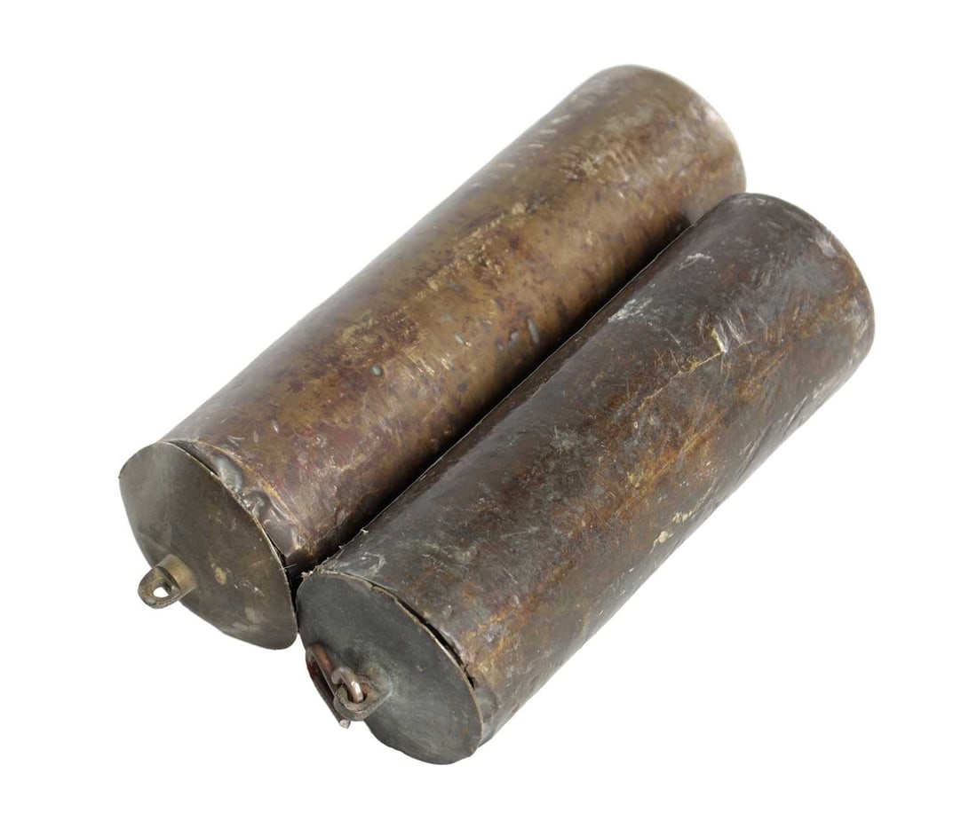 A PAIR OF 18TH CENTURY BRASS CASED LONGCASE CLOCK WEIGHTS - 2