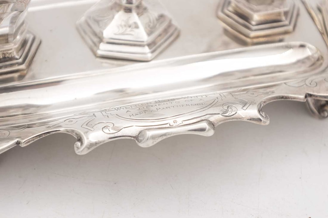 A VICTORIAN ENGLISH SILVER INK STAND WITH CANDLESTICK - 2