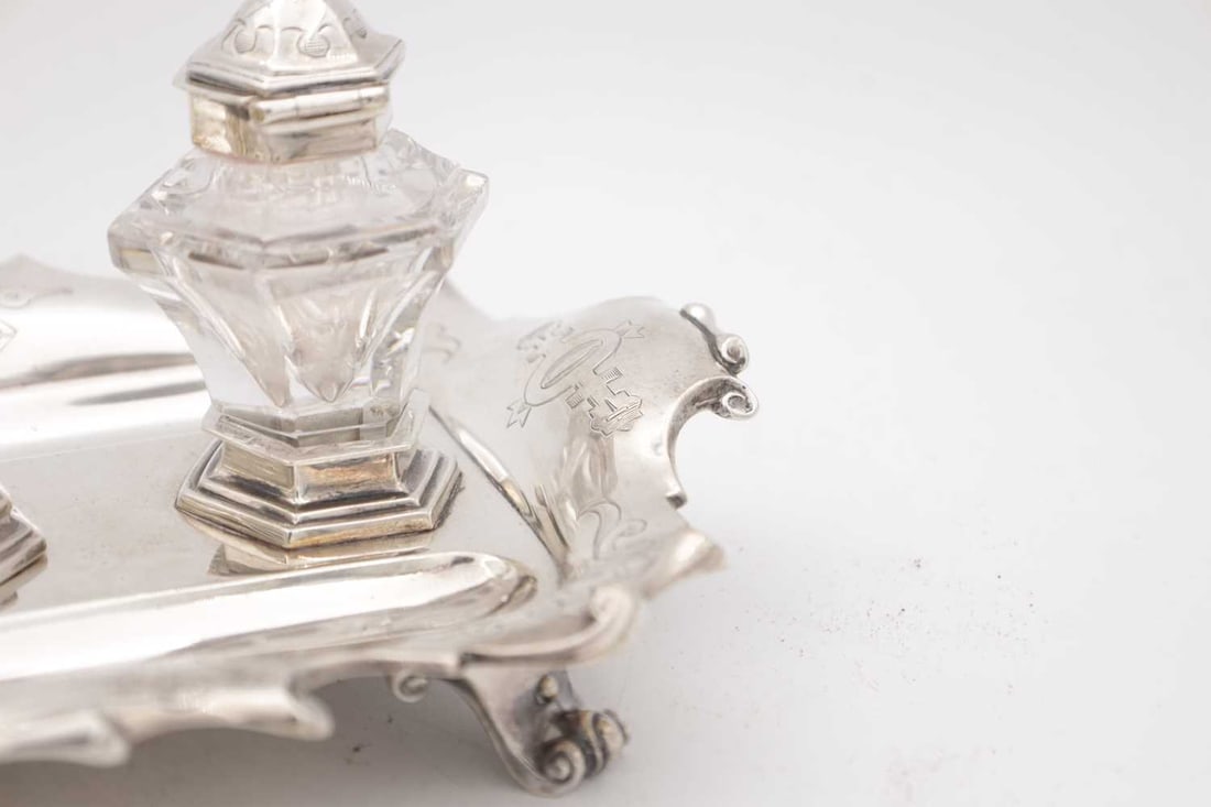 A VICTORIAN ENGLISH SILVER INK STAND WITH CANDLESTICK - 3