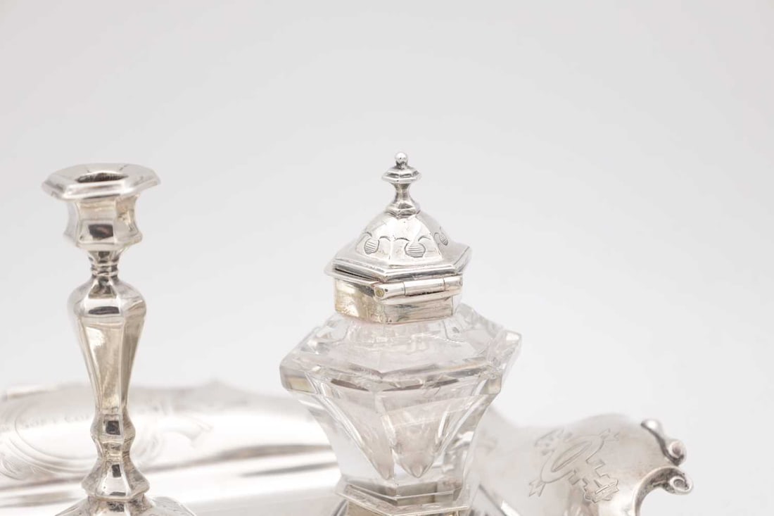 A VICTORIAN ENGLISH SILVER INK STAND WITH CANDLESTICK - 4