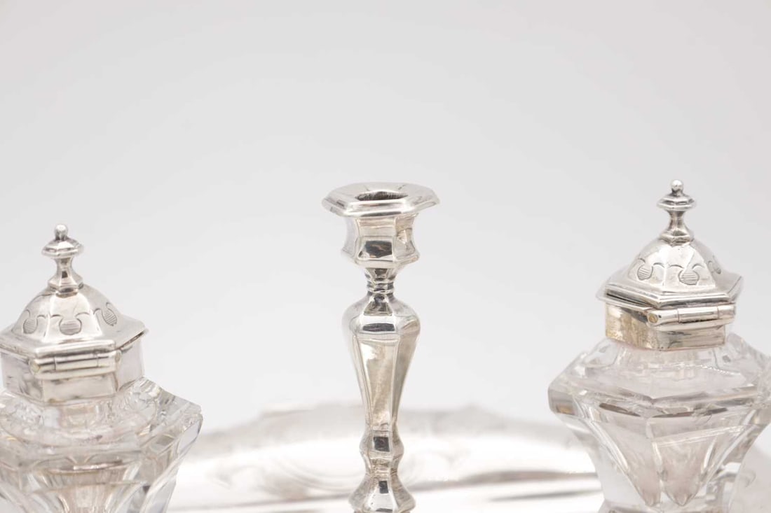 A VICTORIAN ENGLISH SILVER INK STAND WITH CANDLESTICK - 5