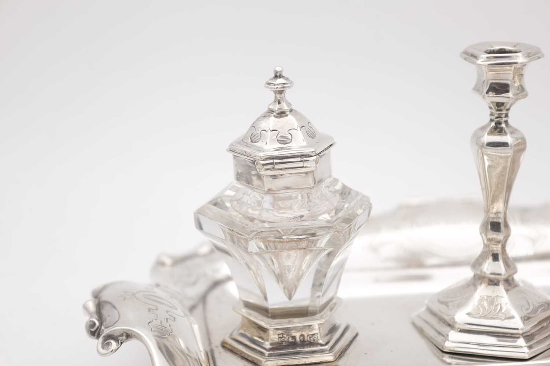 A VICTORIAN ENGLISH SILVER INK STAND WITH CANDLESTICK - 6