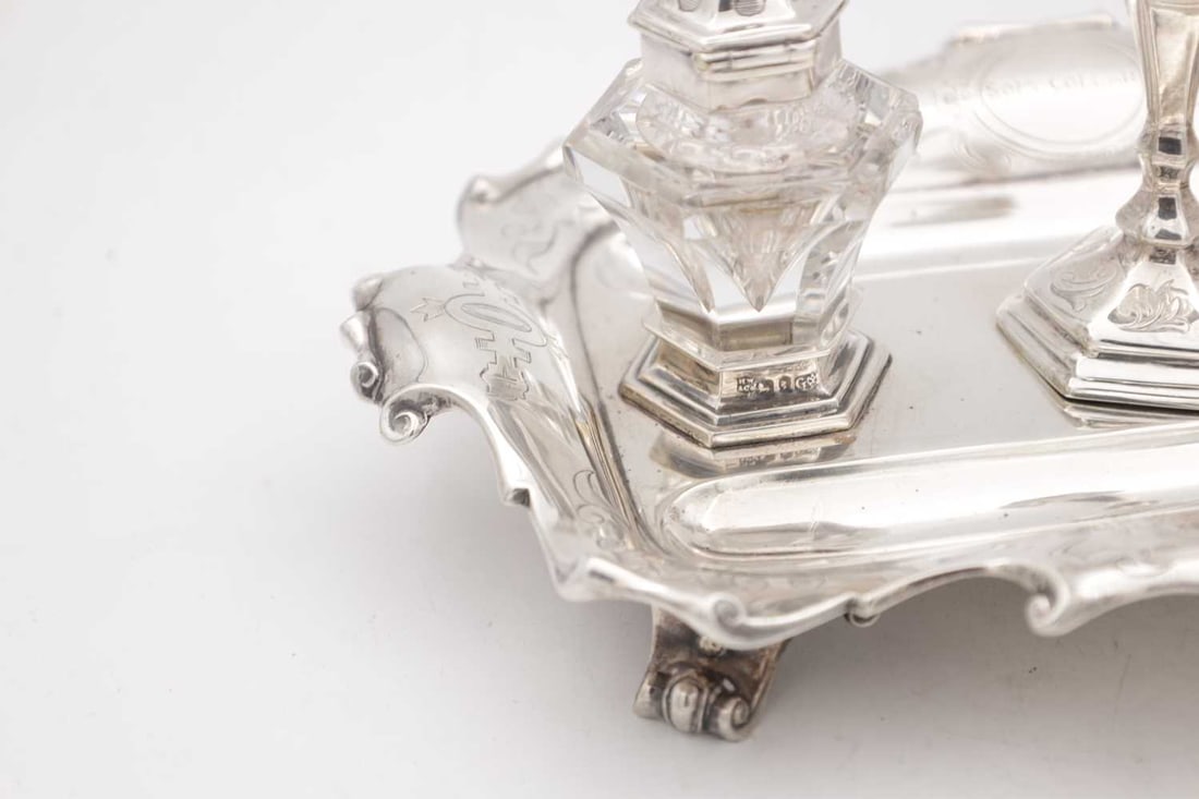 A VICTORIAN ENGLISH SILVER INK STAND WITH CANDLESTICK - 7