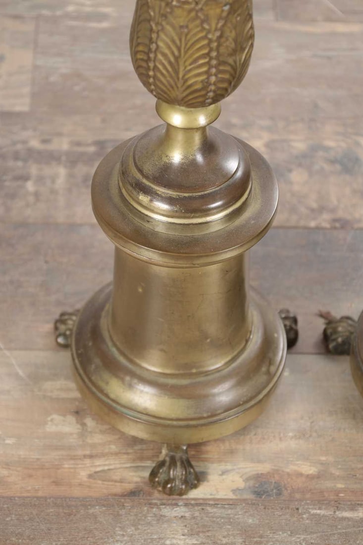 A PAIR OF LARGE BRASS CANDLESTICKS ON PAW FEET - 5