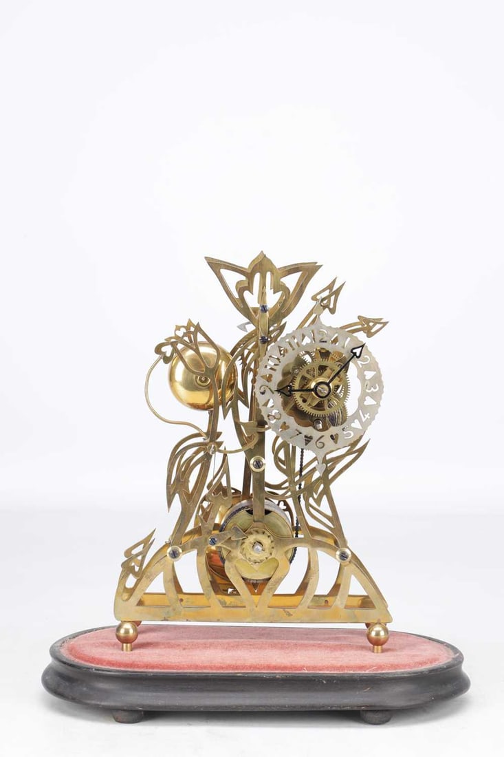 AN EARLY 20TH CENTURY BRASS SKELETON CLOCK UNDER GLASS DOME ON EBONISED BASE - 2