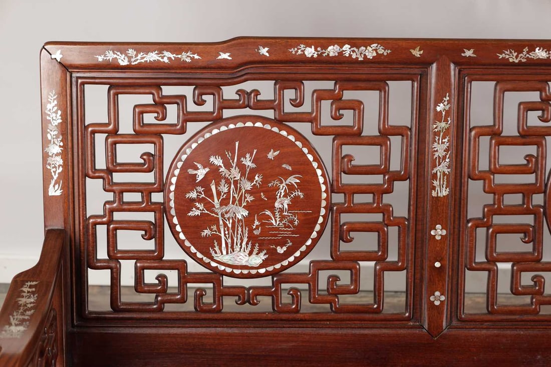 A 20TH CENTURY CHINESE HARDWOOD AND MOTHER OF PEARL INLAID THREE PIECE SUITE - 2