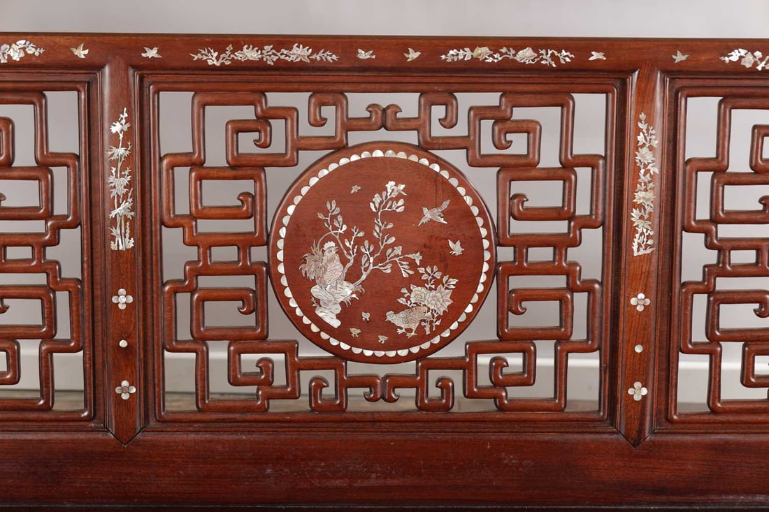 A 20TH CENTURY CHINESE HARDWOOD AND MOTHER OF PEARL INLAID THREE PIECE SUITE - 3