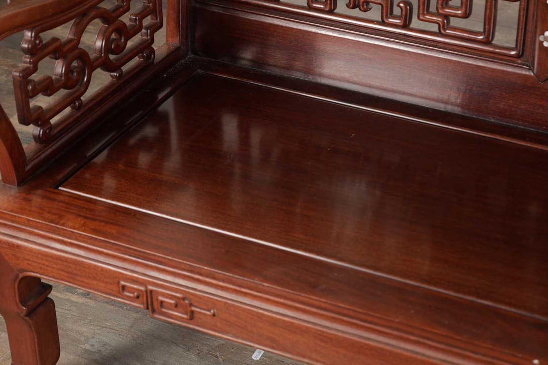 A 20TH CENTURY CHINESE HARDWOOD AND MOTHER OF PEARL INLAID THREE PIECE SUITE - 7
